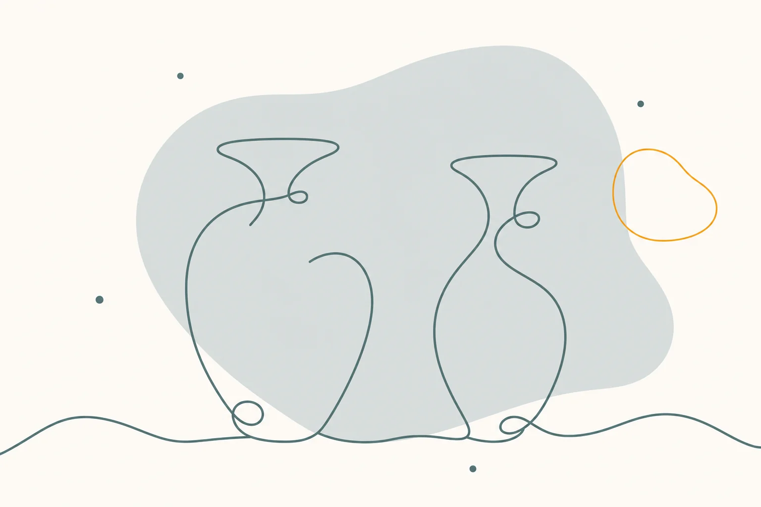 Minimalist continuous-line illustration of two vases of different shapes standing side by side, in dark sage on cream.