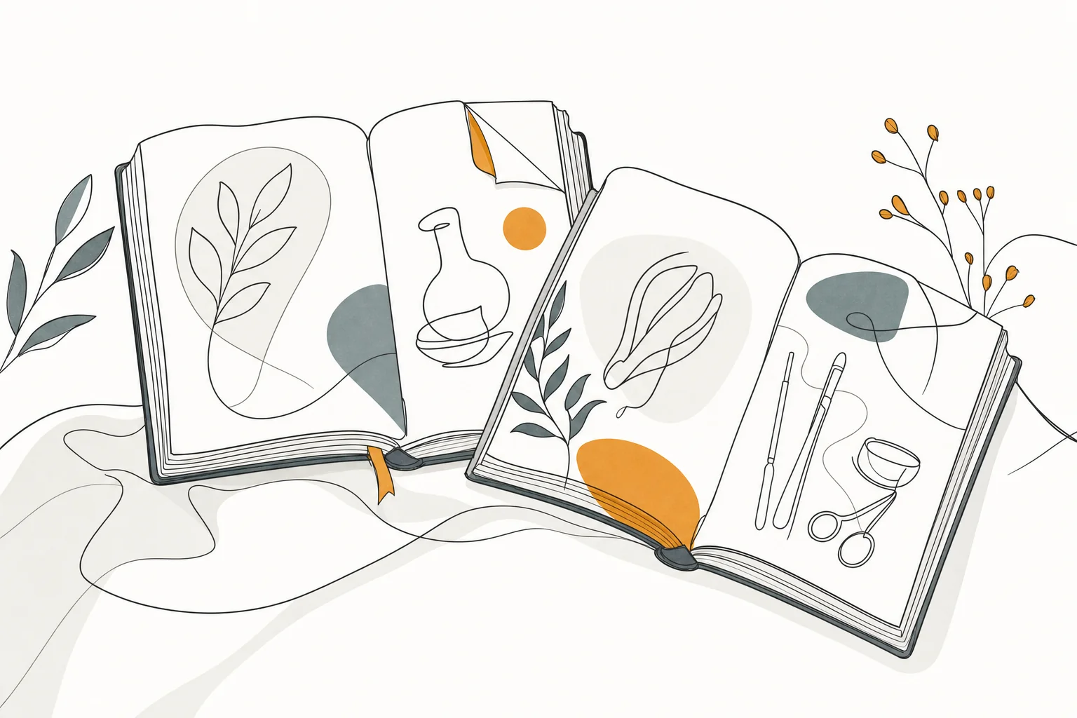 Minimalist line illustration of two open books lying side by side, one with a folded corner, in dark sage on cream.