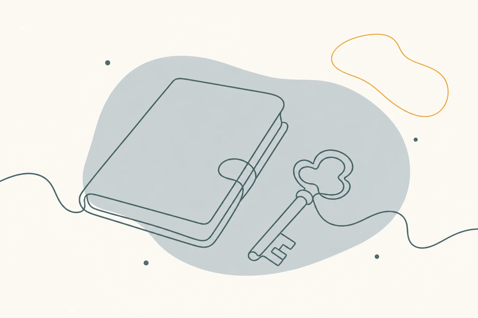 Minimalist line illustration of a key beside a notebook, in dark sage on cream.