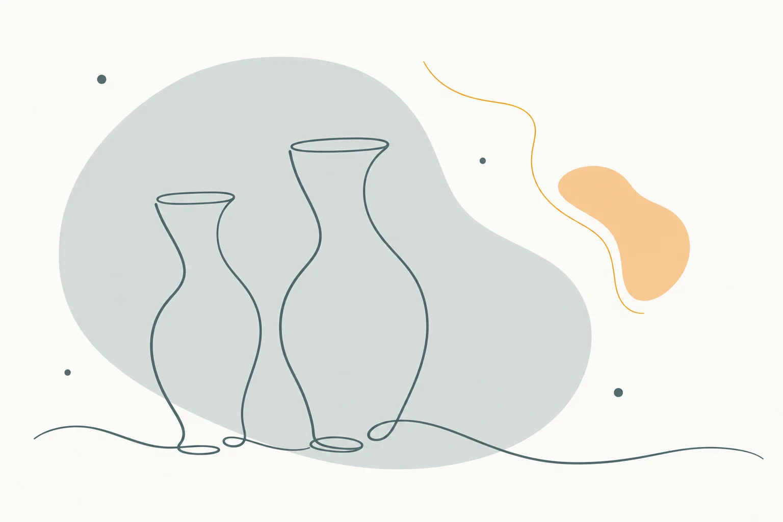 Minimalist line illustration of two contrasting curved silhouette vases, in dark sage on cream.