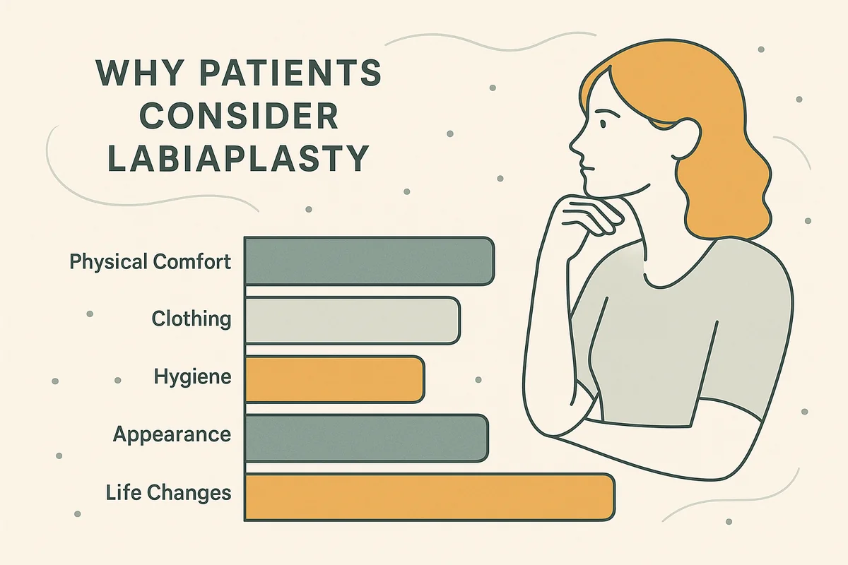 Why patients consider labiaplasty — bar chart showing Physical Comfort, Clothing, Hygiene, Appearance, and Life Changes as key motivations