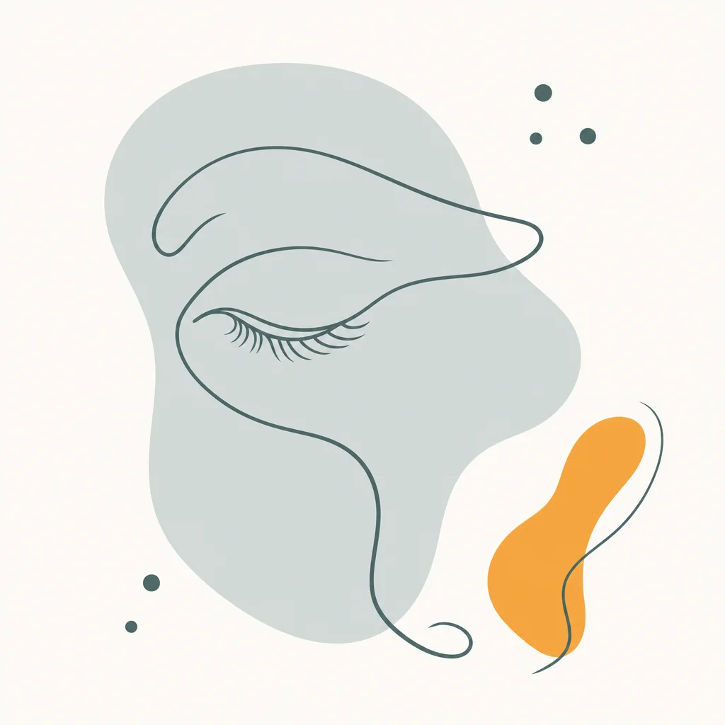 Minimalist line illustration of a gentle curved eye shape in profile, in dark sage on cream.