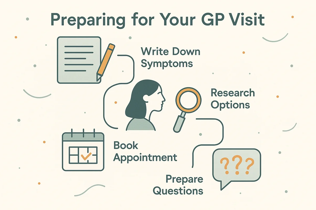Preparing for your GP visit — write symptoms, research, book appointment, prepare questions