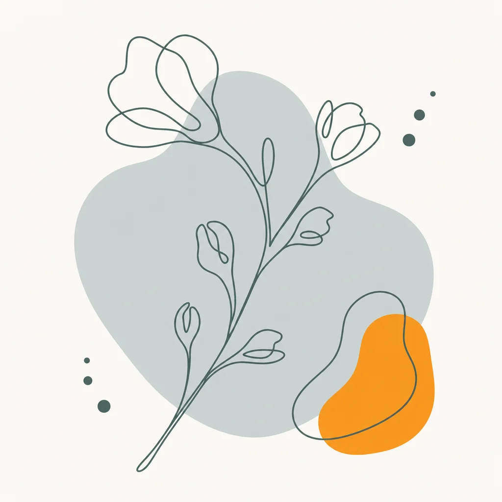 Minimalist line illustration of a botanical form with small offshoot buds along a stem, in dark sage on cream.