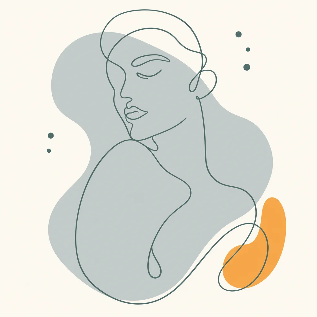 Minimalist line illustration of a softly rounded organic form with a gentle highlight, in dark sage on cream.