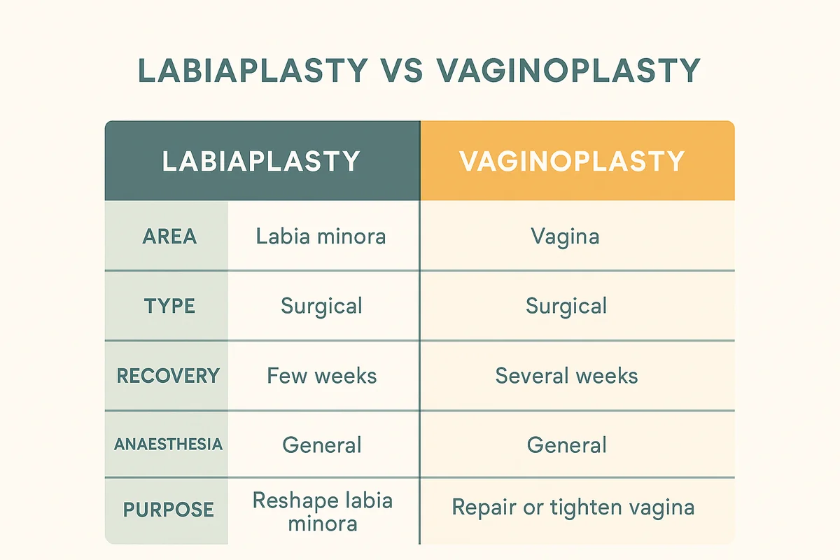 Labiaplasty vs vaginoplasty comparison — area treated, recovery, purpose