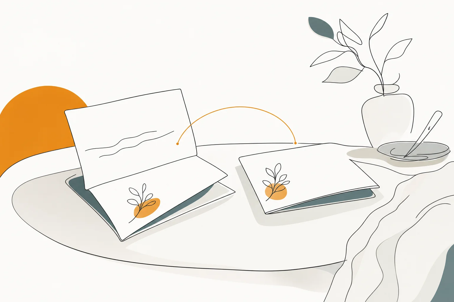 Minimalist continuous line illustration of two folded letters side by side on a table with a curved accent arc between them, in dark sage on cream.